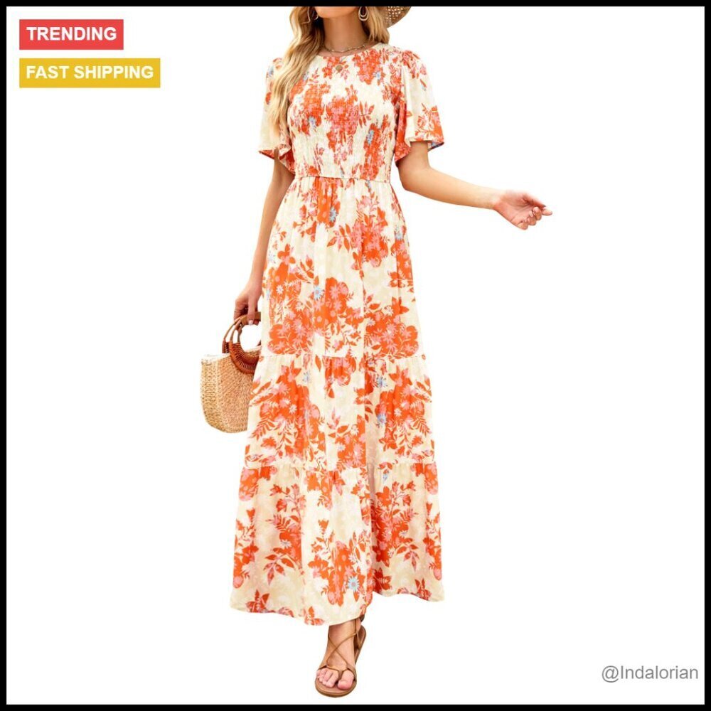 Boho Maxi Dress Floral Print Flutter Sleeve Smocked Bust High Waist Flowy